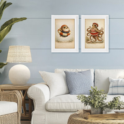 Vintage Maritime Bathing Creatures 2pc Framed Print Under Glass Set, design by Grotto Studios