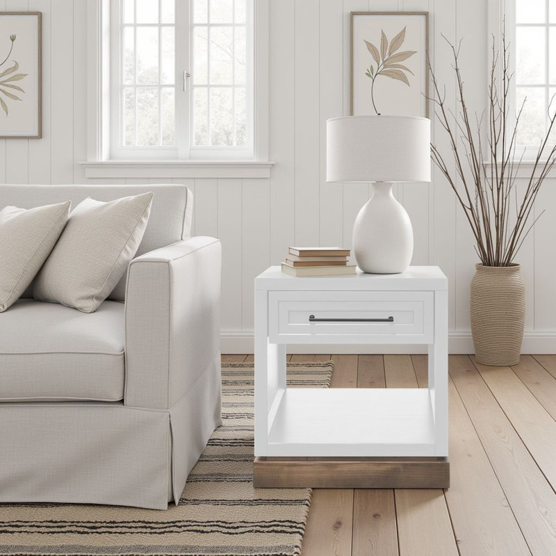Table de bout Nora 22 po, aucun assemblage requis, finition blanc jasmin et bois de grange, Blanc