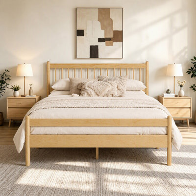 Cadre de lit plateforme en bois massif de taille grand moderne Mid Century, tête de lit à lattes avec support en lattes de bois, aucun sommier nécessaire