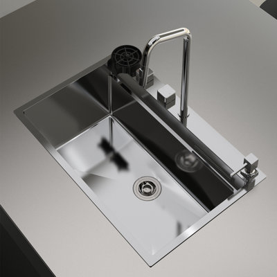 Évier de cuisine encastré carré 33 po x 22 po, évier de cuisine cascade avec robinet, évier simple en acier inoxydable avec station de travail moderne, 33 po x 22 po x 10 po, argent brossé