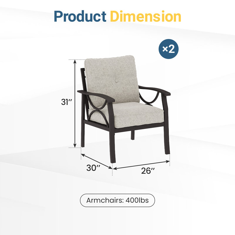 2-Piece Metal Patio Chair with Cushions, Coffee Frame/Khaki Cushion