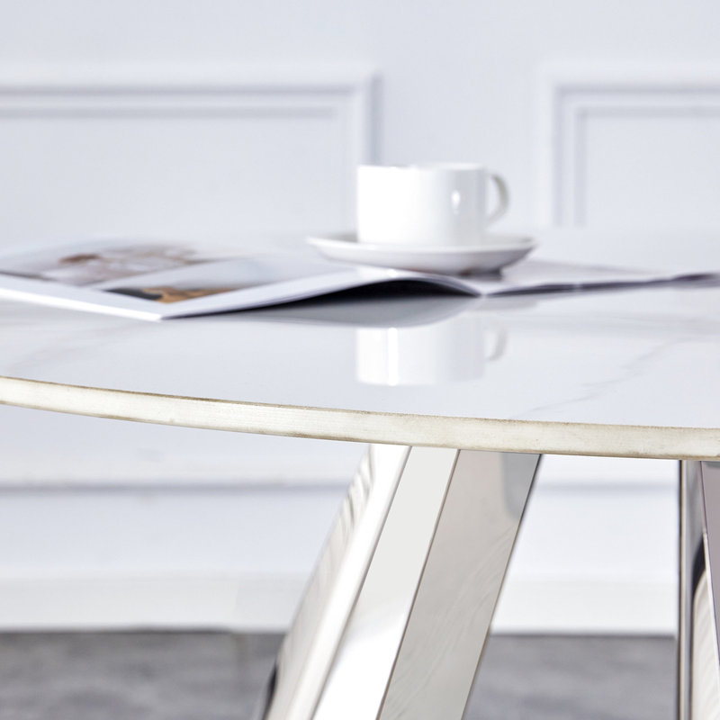 Table ronde et chaise de 42 po - Plateau en pierre frittée, pieds en métal, chaises de salle à manger noires avec support argenté, polyvalent et élégant, plateau de table en acier inoxydable de 42 po