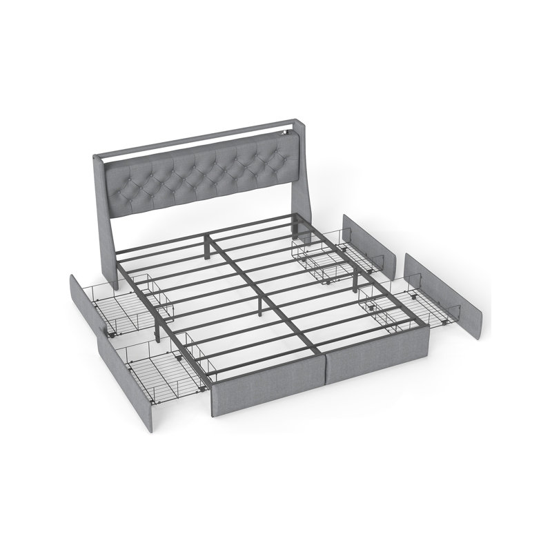 Structure de lit plateforme en métal gris à 4 tiroirs avec DEL RVB et station de charge Jix Living Hub l 62,6 po x P 87,4 po x H 41,7 po