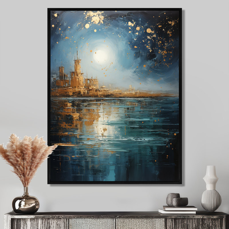 Eastern Golden City, pleine lune, océan, salon d'art mural, Toile avec cadre flottant noir, H 20 po x l 12 po x P 1 po