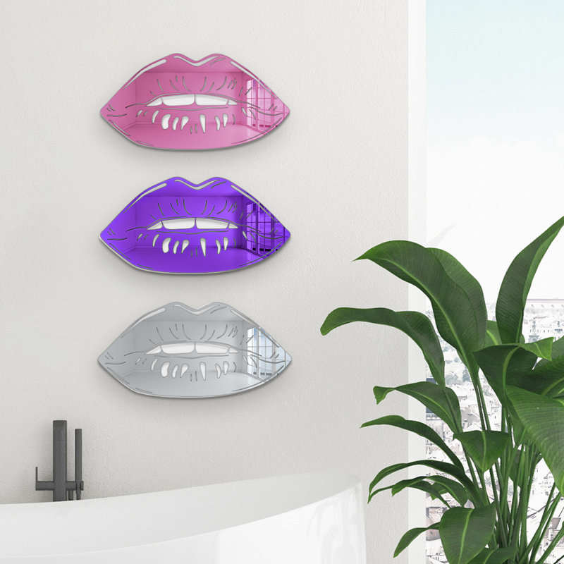Décoration murale miroir à lèvres, H 7 po x l 14 po x P 1 po, Argent / Mauve / Rose