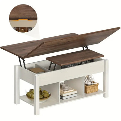 Table basse convertible 4 en 1 avec plateau relevable, compartiments cachés et tablette ouverte - Design moderne blanc pour le salon, parfaite pour les ordinateurs portables, les livres et les accessoires, table basse pour le salon