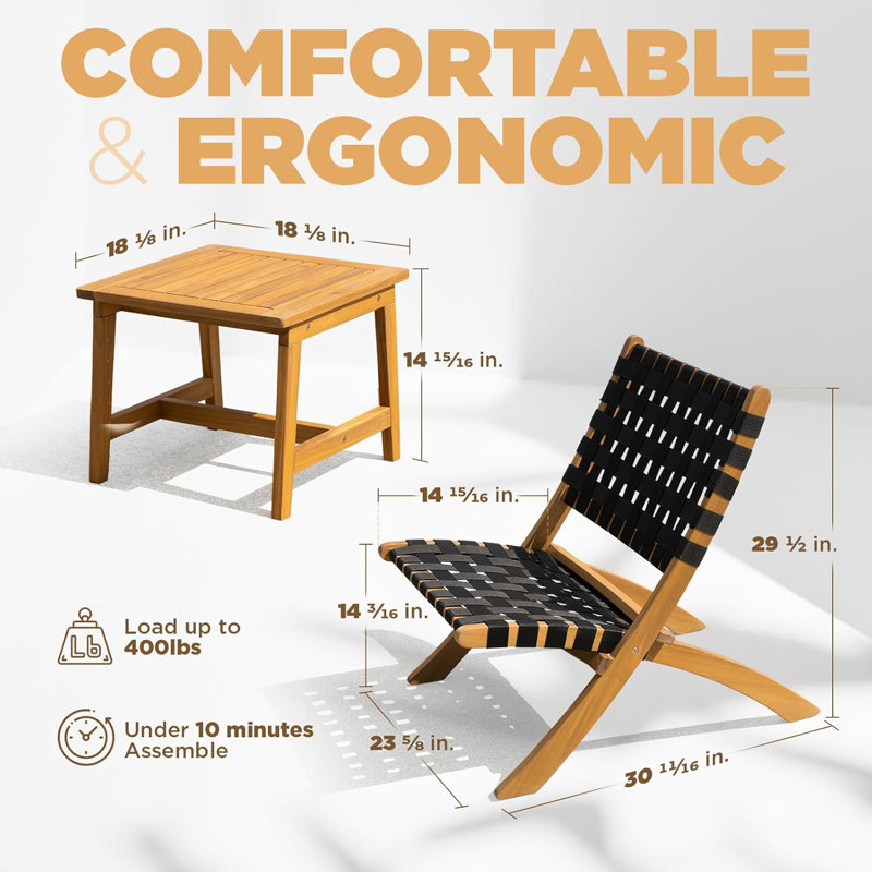 Ensemble bistro de patio en bois massif Cassandry, ensemble de chaises pliantes inclinables (ensemble de 3)