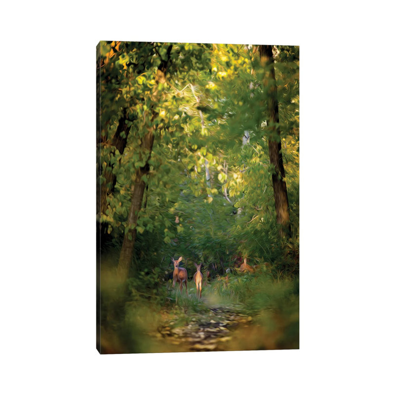 Deer Family In Forest Early Morning Painting by Nik Rave - Wrapped Canvas Painting, 66.04 cm H x 45.72 cm W x 1.91 cm D