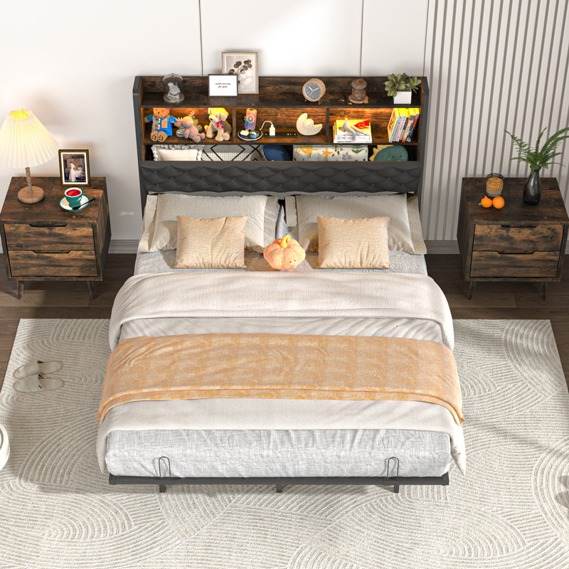 Structure de lit double avec lumières DEL, lit plateforme en métal avec station de charge et tête de lit pour chambre à coucher, dortoir