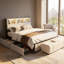 EU Double & King Velvet Storage Bed With 4 Drawers & LED Headboard, Upholstered Bed Frame With USB Ports, Beige-1289914651