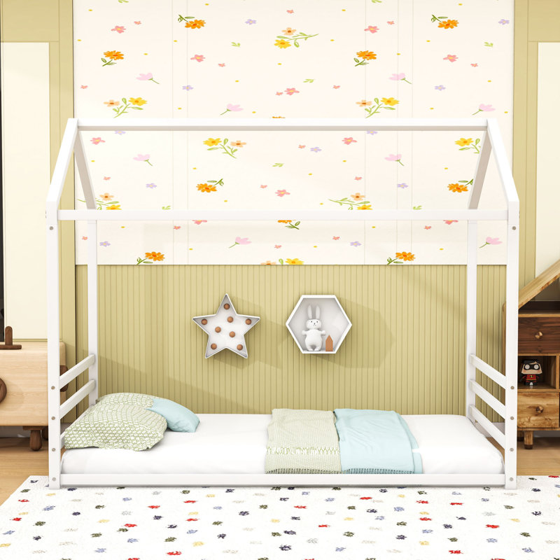 Metal Floor Bed Frame With Guardrails, Twin, White