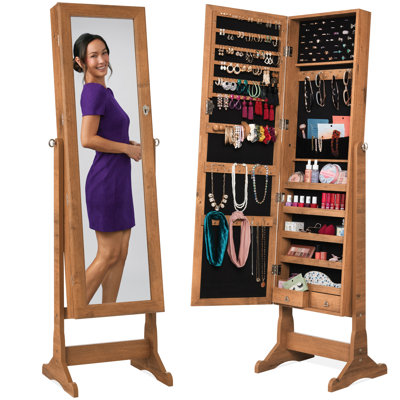 Armoire à bijoux Naiyana Winston Porter, miroir pleine longueur avec rangement intérieur en velours, serrure - blanc côtier - H 58 po x l 16,25 po x P 16,25 po