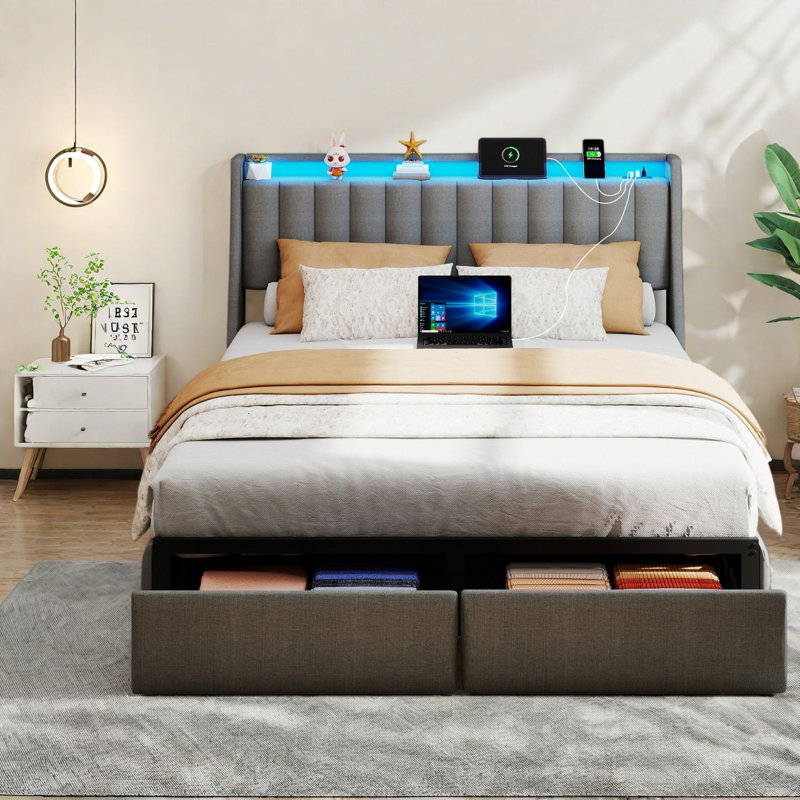 Lits Queen Size avec rangement, cadre en métal gris, mobilier rembourré moderne avec éclairage DEL