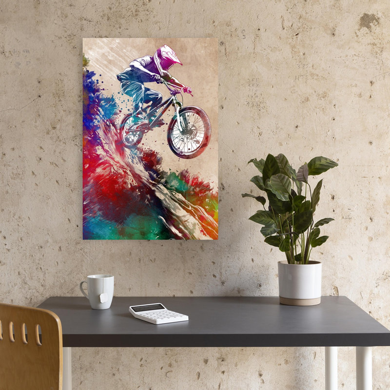 «Extreme Mountain Biking Modern Vibrant Abstract Mountain Landscape Art», art mural, 18" H x 12" W