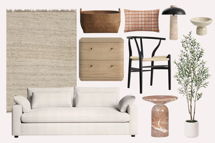 flat lay of furniture and decor that fit into the california casual design style
