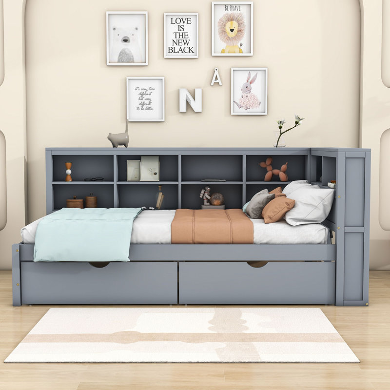 Lit de jour en bois avec ports de chargement USB, tiroirs et tablettes de rangement, Lit simple, Gris