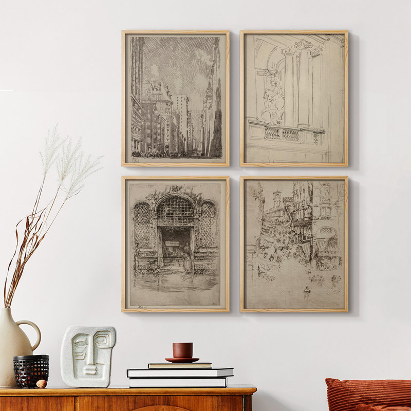 Vintage Sketch LXXX  Framed Print - Set of 4, 14" H x 44" W, Black