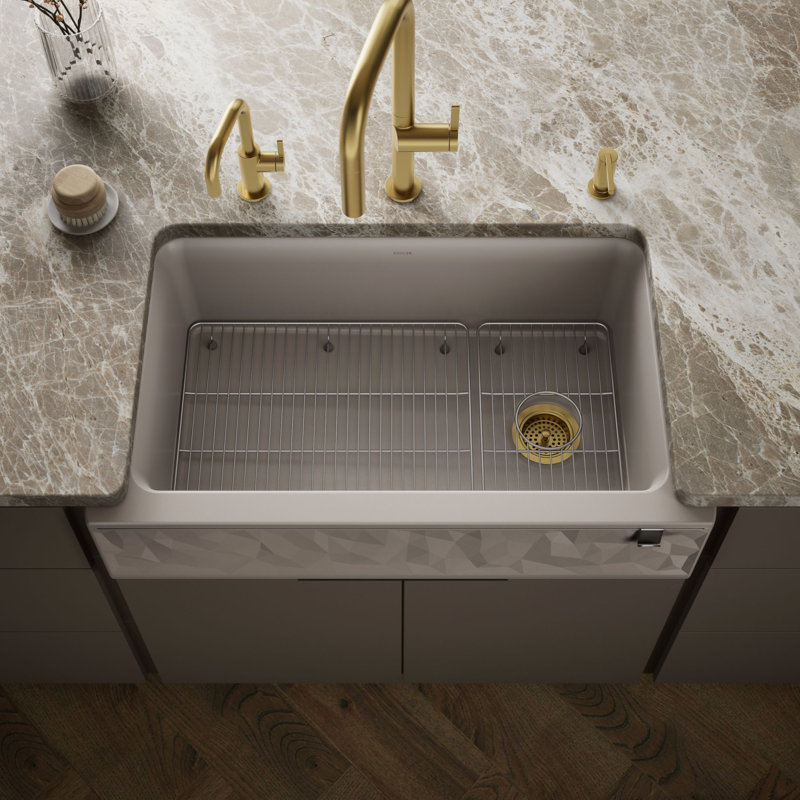 Cairn Undermount Single-Bowl Farmhouse Kitchen Sink, Matte Taupe, Faceted