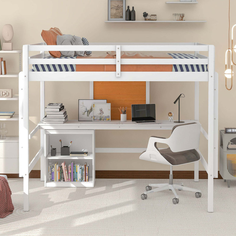 Wooden Loft Bed Frame With Desk And Writing Board, Loft Bed With Storage, Twin, White