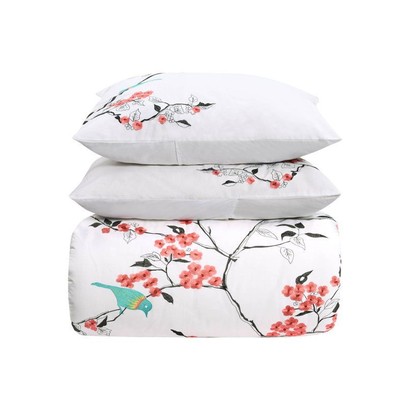 Embroidered Cherry Garden 3 Piece 100% Cotton Duvet Cover Set, Coral, Queen Duvet Cover + 2 Standard Shams