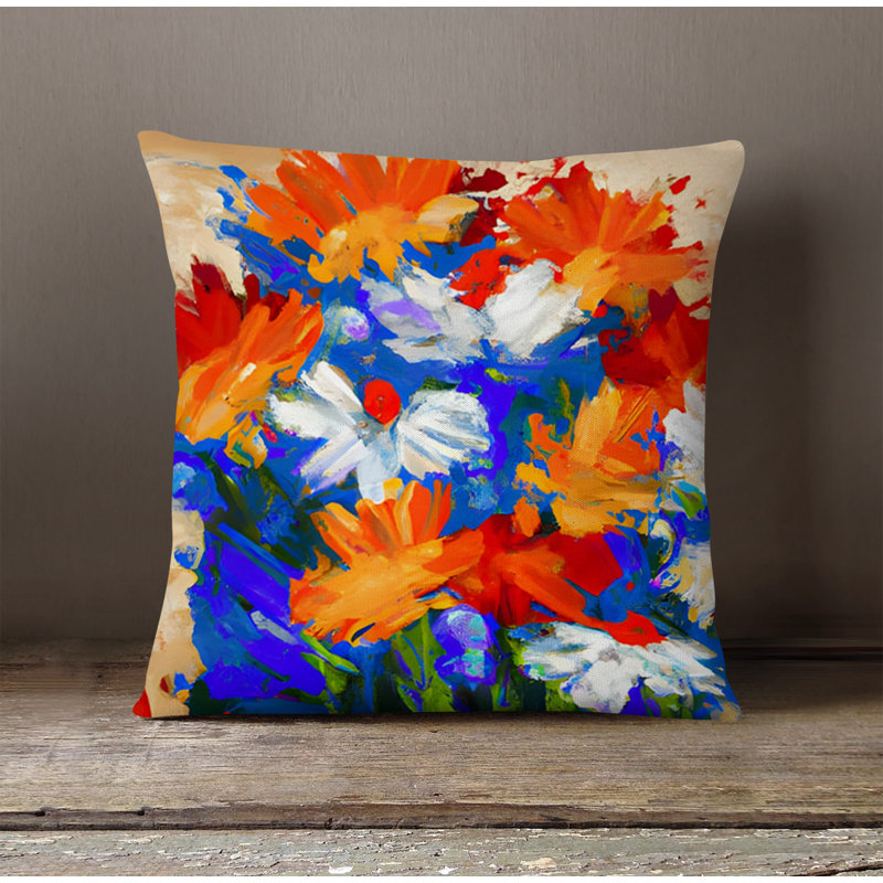 Throw Pillow With Insert, Blue/White/Orange Floral/Abstract 2, 18"H x 18"W