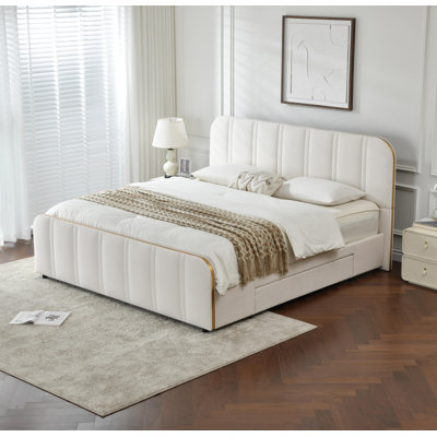 Upholstered Bed with 2 Large Wooden Storage Drawers