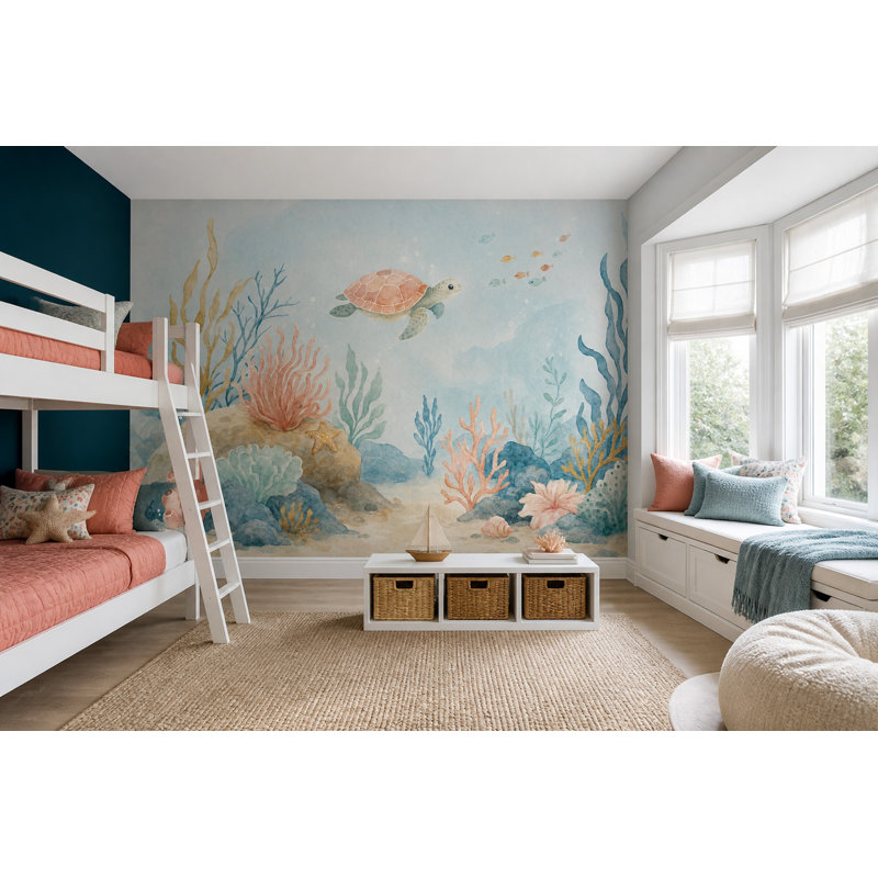 Papier peint tortue marine récif corallien sous-marin décoratif amovible, 120"x96", Peel and Stick