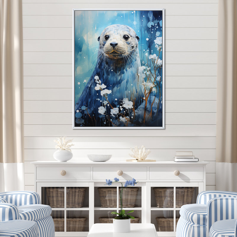 «White and Blue Seal Portrait I - Coastal Animal», art mural, Cadre flottant blanc, H 20 po x l 12 po x P 1 po