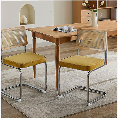 Ensemble 2 pièces de table de salle à manger et de chaises Med médiévales modernes, chaises en cuir velours, dossier en osier naturel et base en acier inoxydable chromé, célèbre chaise Brier, chaise de cuisine tissée, doré