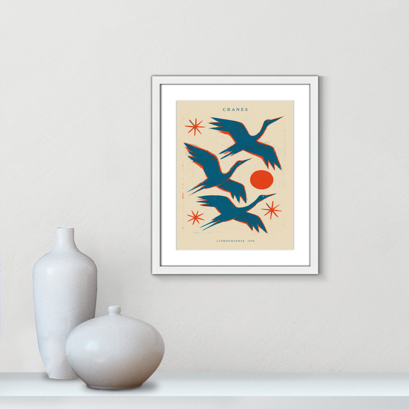 Cranes lithographie Print by Treechild, Blanc satiné, 16'' W x 19'' H, Matted Print