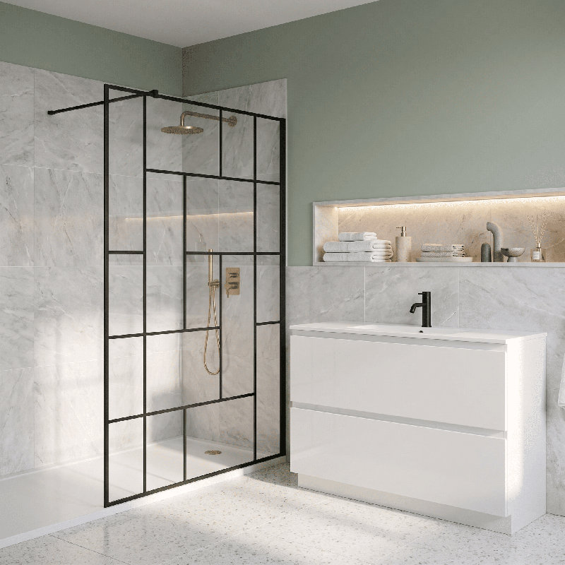 nuie 1400mm Matt Black Abstract Wetroom Screen With Support Bar