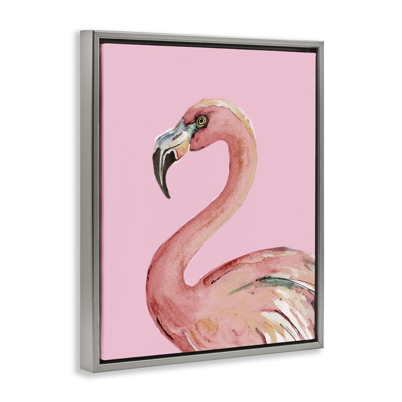Art mural flamant rose sur toile par Patricia Pinto, Cadre flottant gris lustré, H 31 po x l 25 po