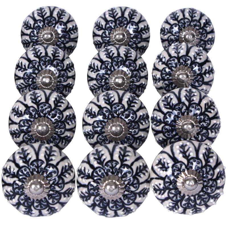 12 petits boutons en céramique à motif floral noir et blanc Ktle