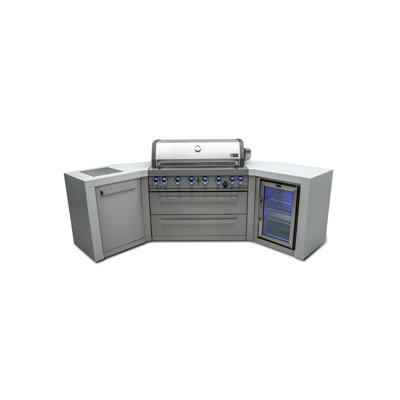 Mont Alpi Premium 110"W Deluxe Stainless Steel U-shaped Outdoor Kitchen Island with Refrigerator + 44"W 6-Burner BBQ Gas Grill + Side Burner + Granite Countertops + Storage Drawers + Rotisserie Kit + Cover + Natural Gas Convertible + Lifetime Warranty