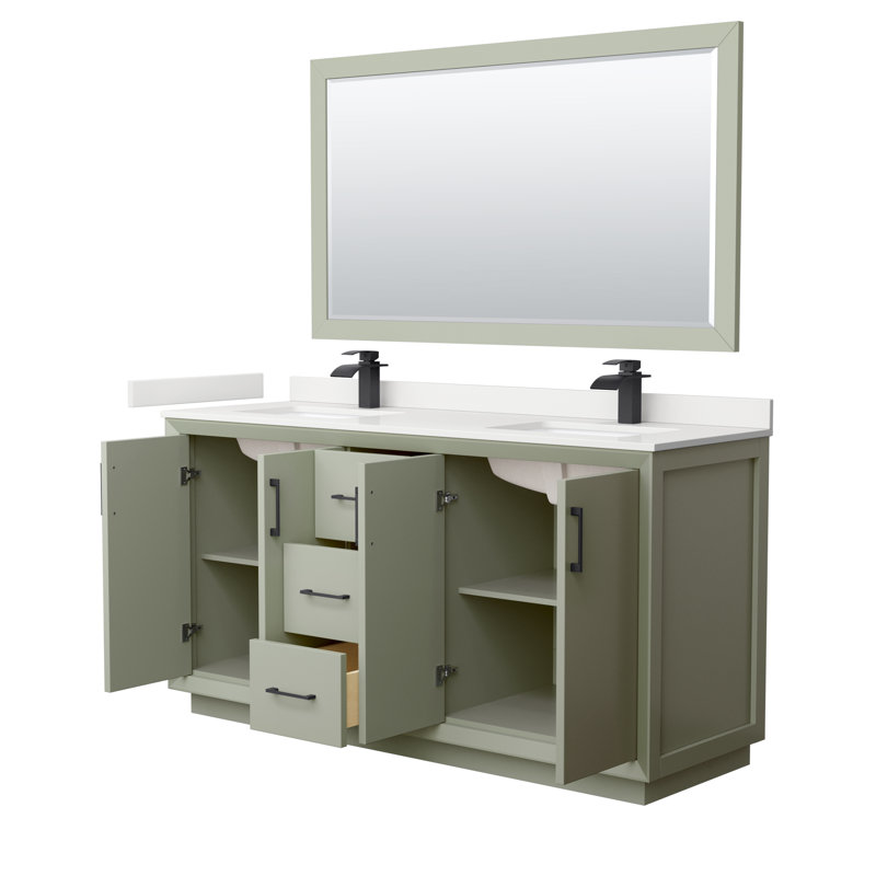 Strada 66'' W Double Vanity, White Quartz, Light Green, Brushed Nickel