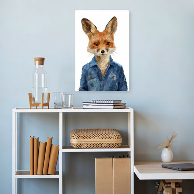 Stylish Fox In Denim Jacket Contemporary Fox Forest Portrait Wall Art Print by Mathieu - Wrapped Canvas Print