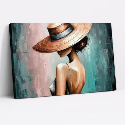 Art sur toile, femme au chapeau à large bord sur fond bleu sarcelle et rose