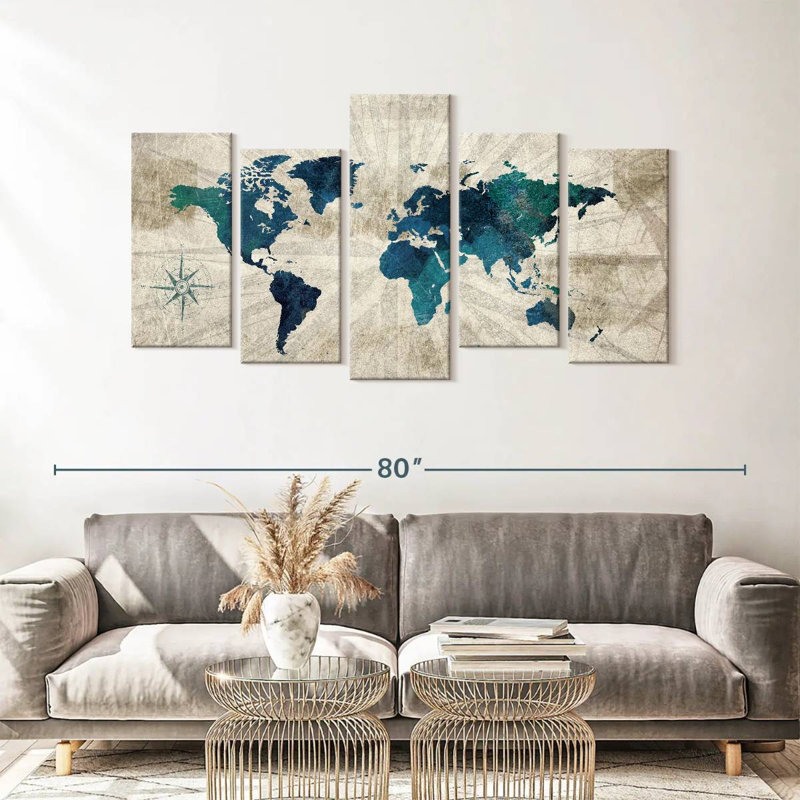 «World Map Aged World Map I» sur toile 5 pièces par Tess P, H 33 po x l 66 po x P 1,25 po