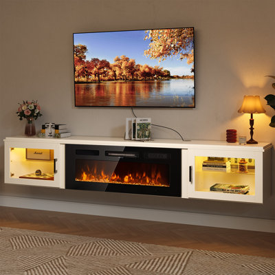 Meuble télé 80 po avec foyer électrique flottant de 36 po, centre de divertissement à DEL avec rangement, console de télévision murale avec porte en verre pour le salon