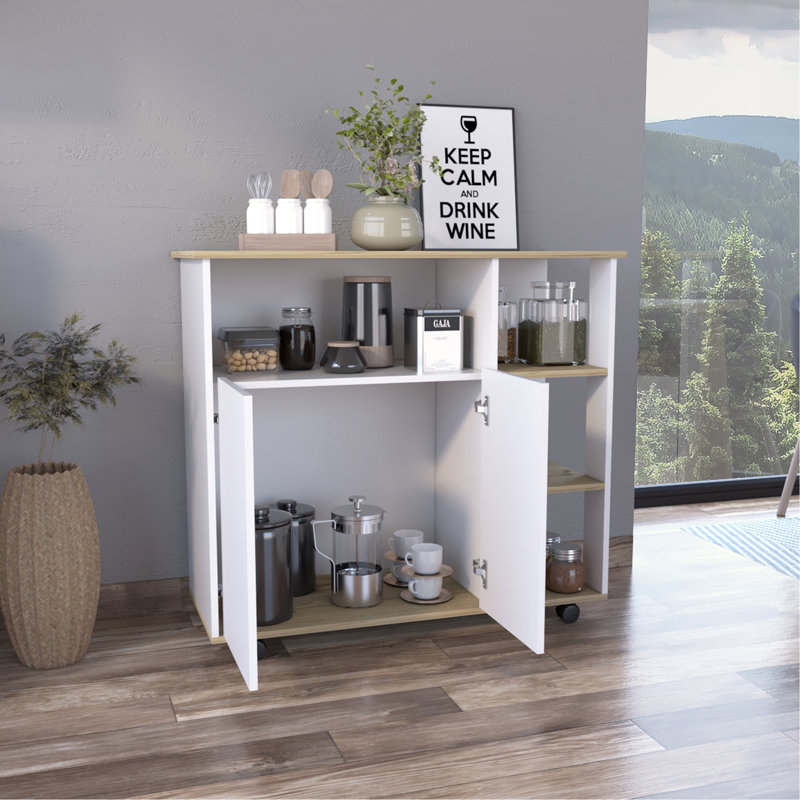 Chariot de cuisine, quatre roulettes, quatre tablettes ouvertes, armoire à deux portes - chêne clair / blanc