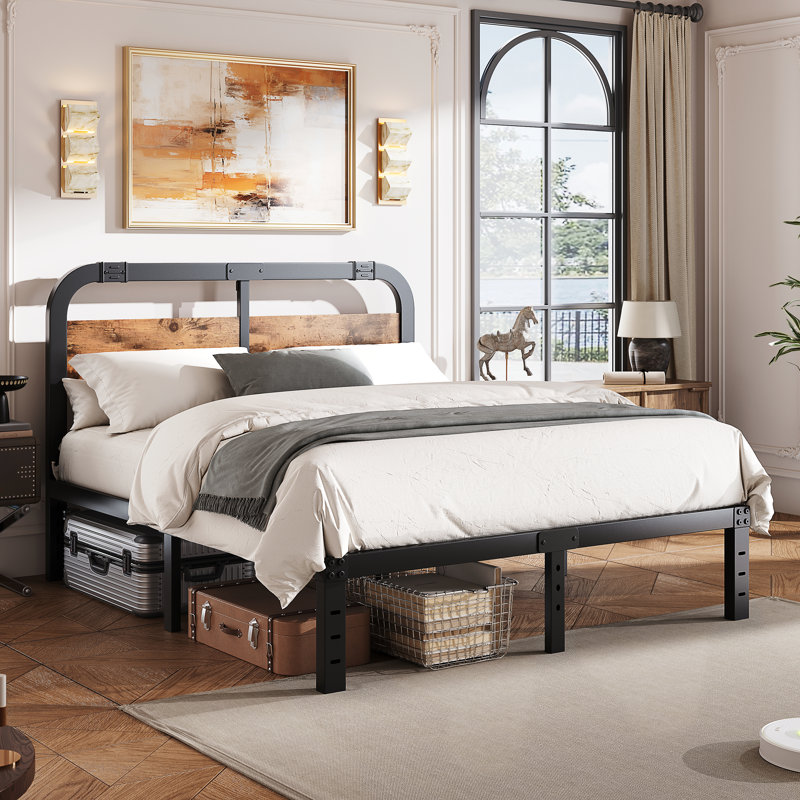 Grand lit plateforme en métal noir avec tête de lit en bois massif de 40 po, rangement sous le lit, support silencieux, aucun sommier requis