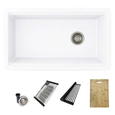 32 in. x 18 in. Granite Composite, White Single Bowl Undermount or Drop-In Kitchen Sink with Built-In Accessories
