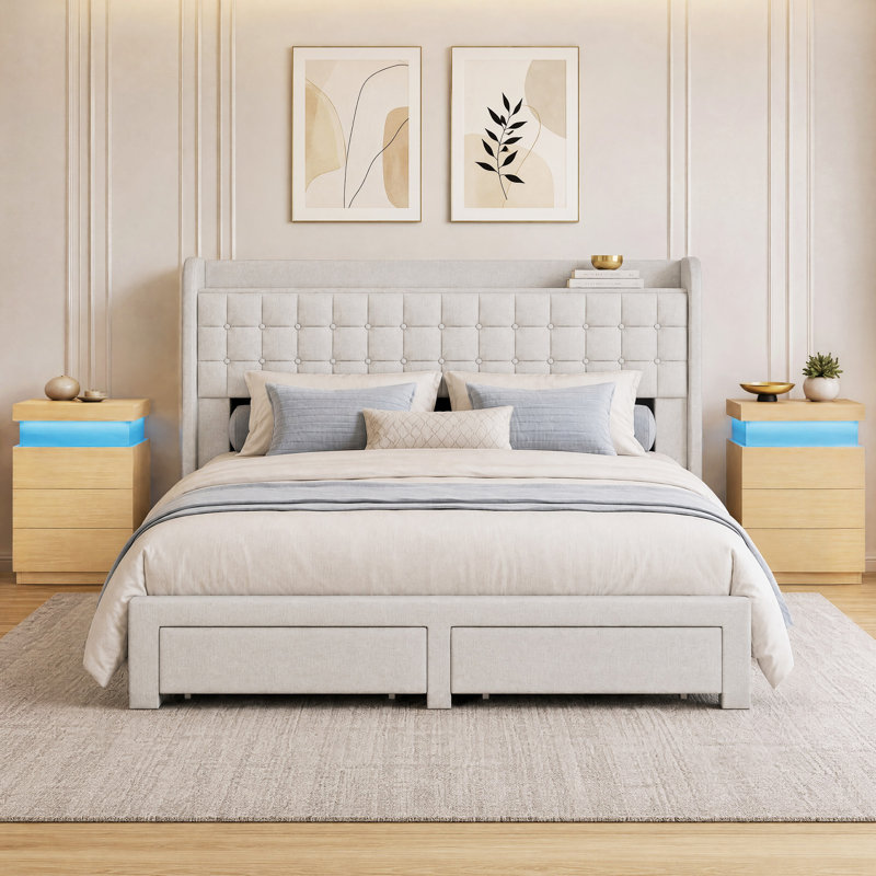 Ensemble de chambre à coucher tapissier Chrisha, Beige / Blanc, Très grand lit