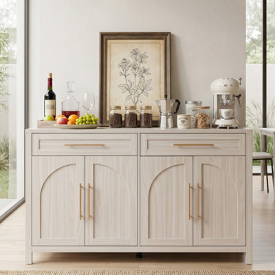 Buffet 4 portes avec rangement, buffet Mid-Century moderne avec texture en bois naturel arqué
