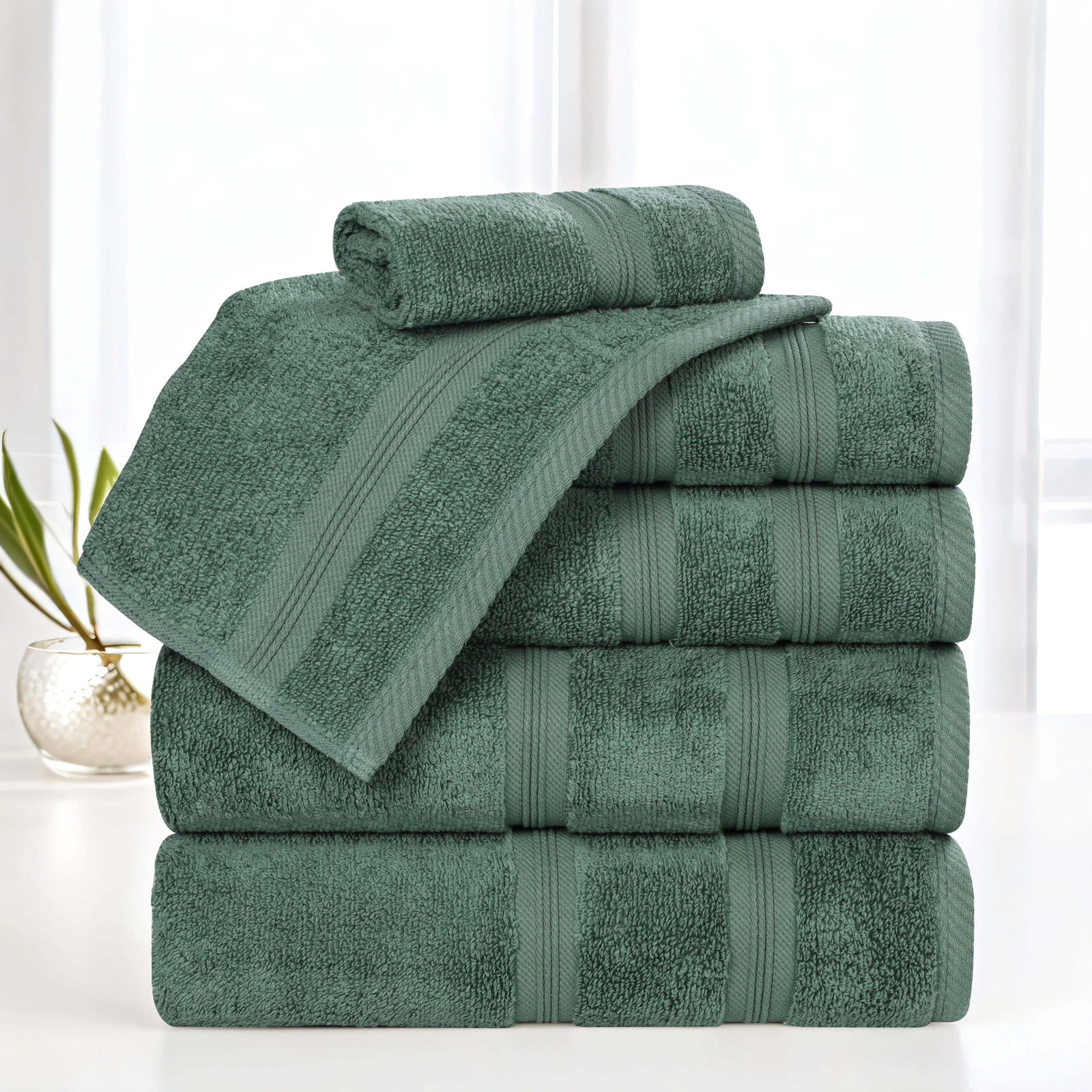6-Piece Quick-Dry Cotton Towel Set, Forest Green