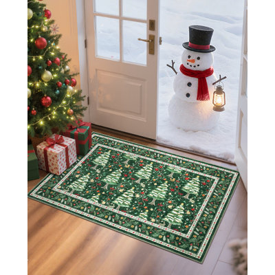 Tapis de Noël lavable, antidérapant, à poils courts et résistant aux marques - Motif sapin de Noël et animaux - 60 x 180 cm - Rouge - Fabriqué aux États-Unis