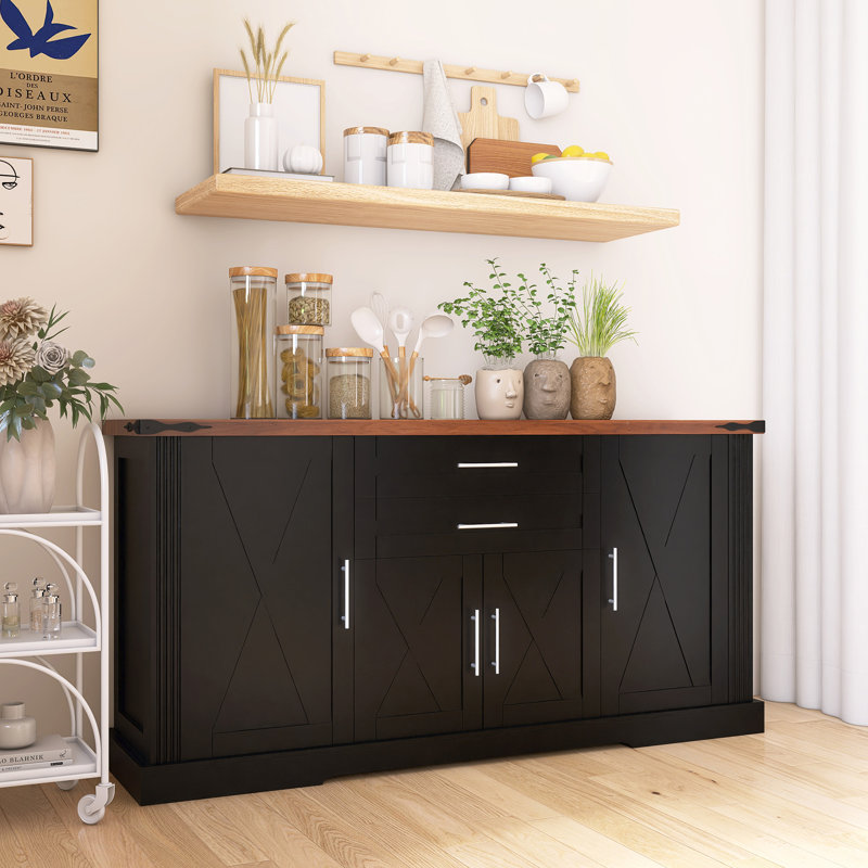 Buffet Farmhouse avec 2 tiroirs et porte, Noir