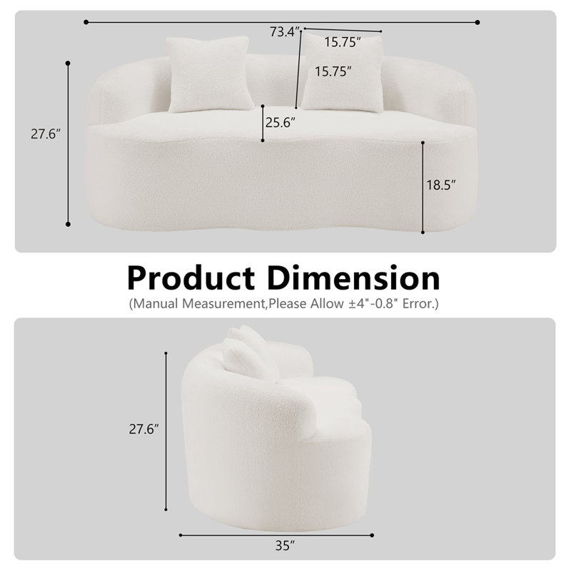Canapé courbé avec accoudoirs arrondis, canapé avec 2 coussins de compression, Blanc