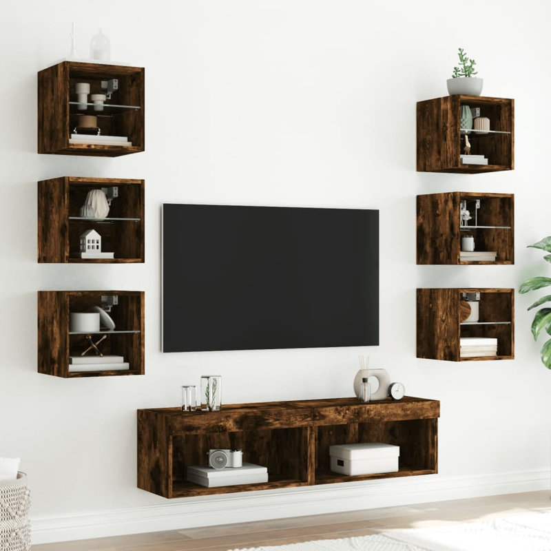  8 Piece TV Wall Units With LED Engineered Wood, Smoked Oak