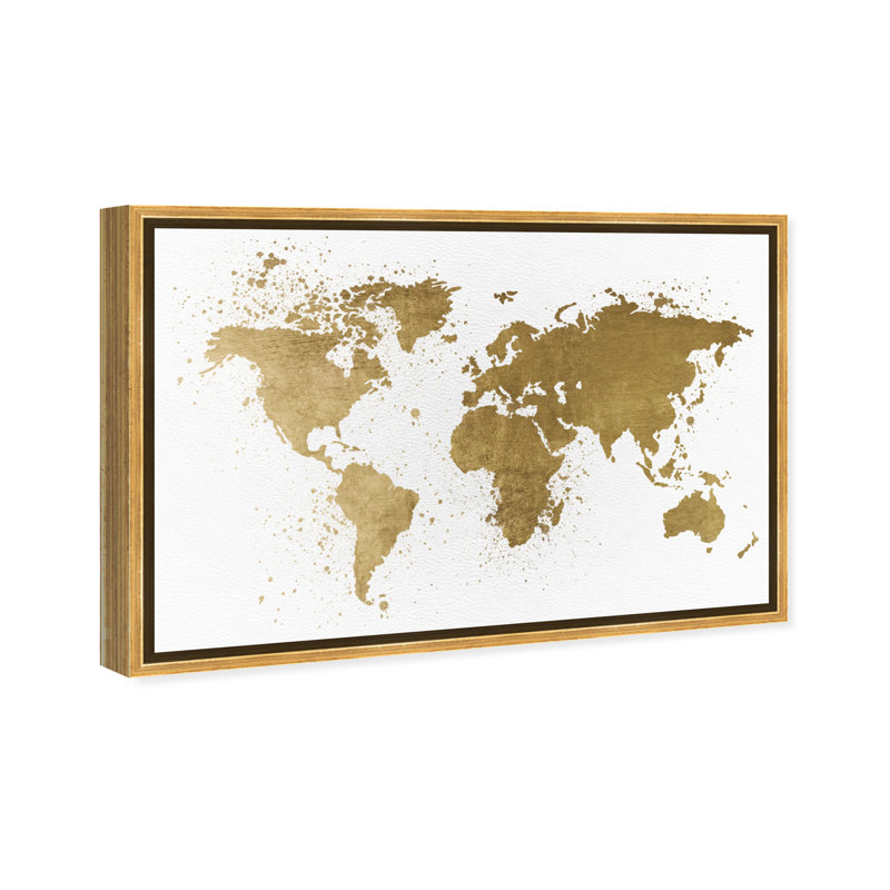 Carte du monde dorée, cuir, Continents métalliques, éclaboussures, blanc moderne - impression, Cadre flottant doré